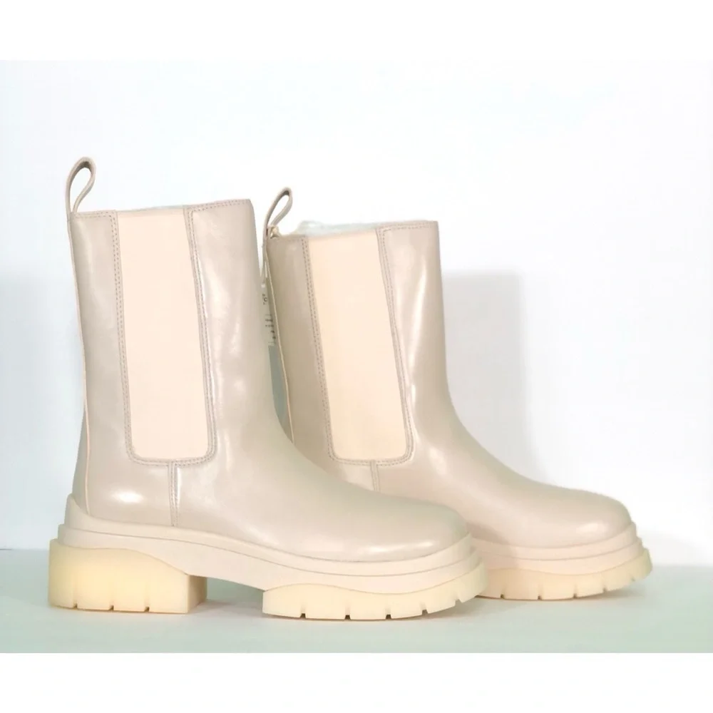 ASH Women's Leather Cream Beige Platform Combat Chelsea Boots Size 39 US 9 NWT